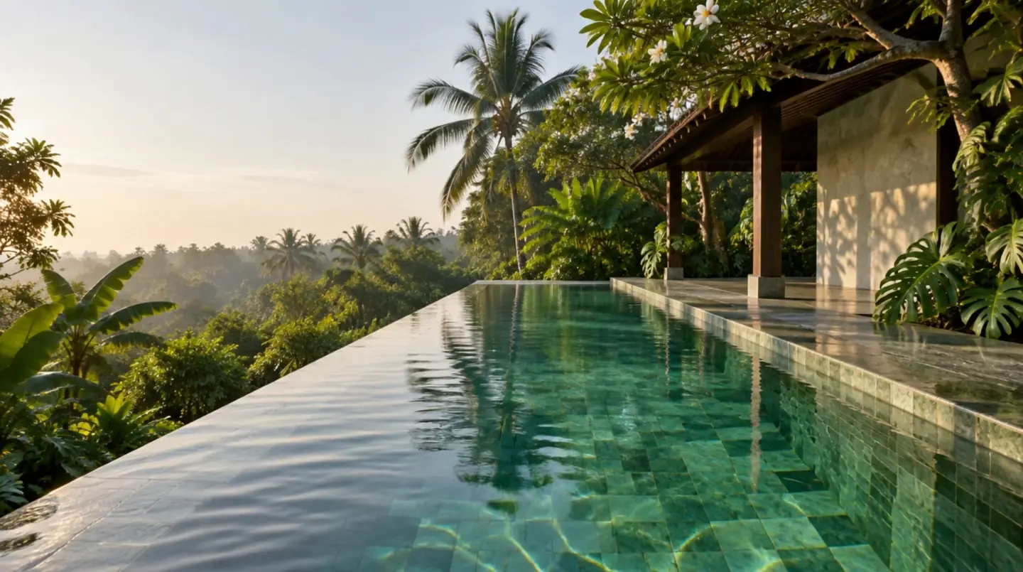 Piscina desbordante revestida de piedra verde en una villa tropical al amanecer
